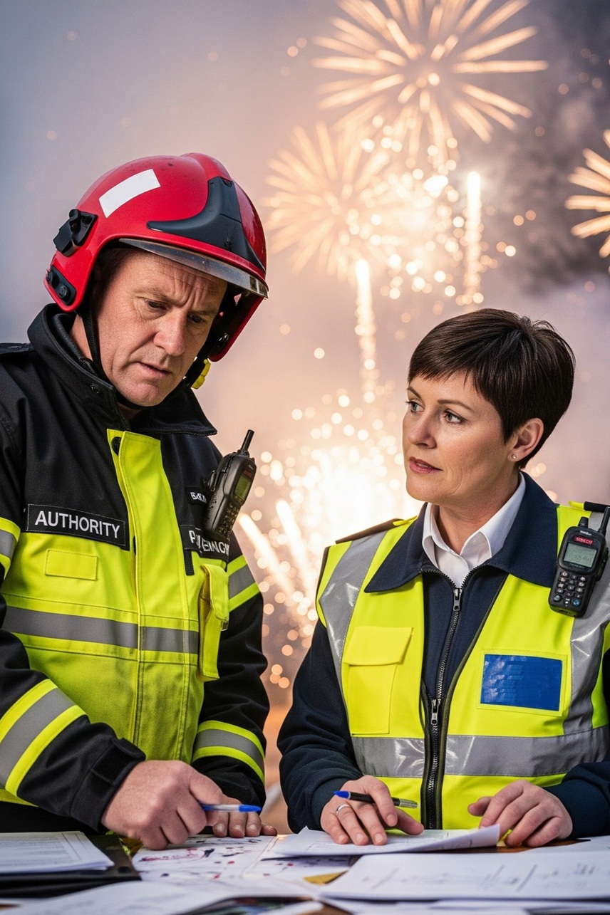 Public sector officers prepare for a firework display