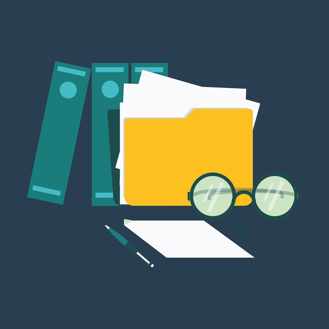 Folders, files, glasses, notepad and pen