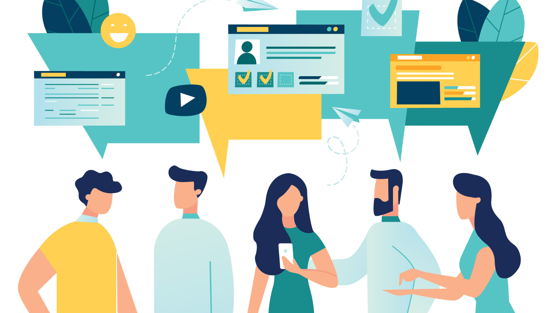 cartoon image of people talking with call outs to website images